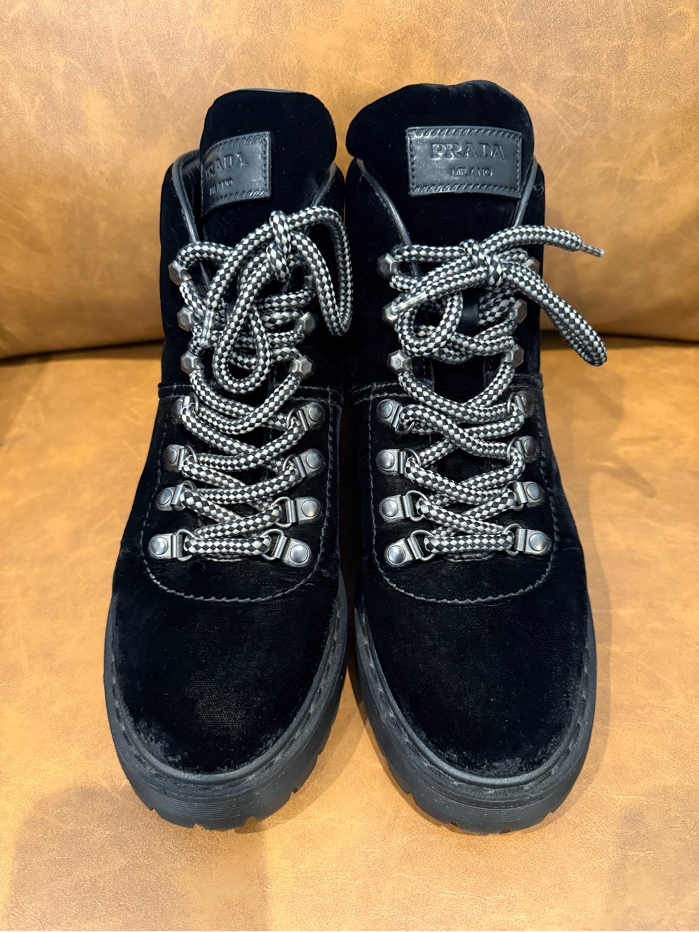 Prada Calzature Donna Black Velvet Sport Hiking Lug Boots 38.5 US 8.5